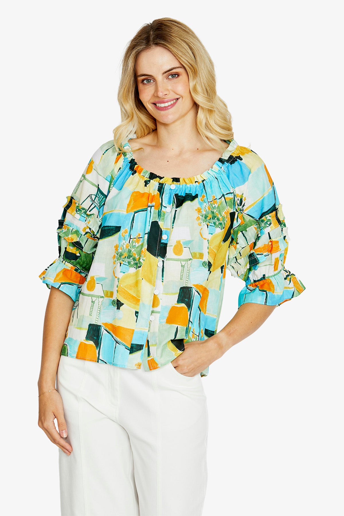 Ping Pong Alessia Button Down Peasant Top - Alfresco Print
