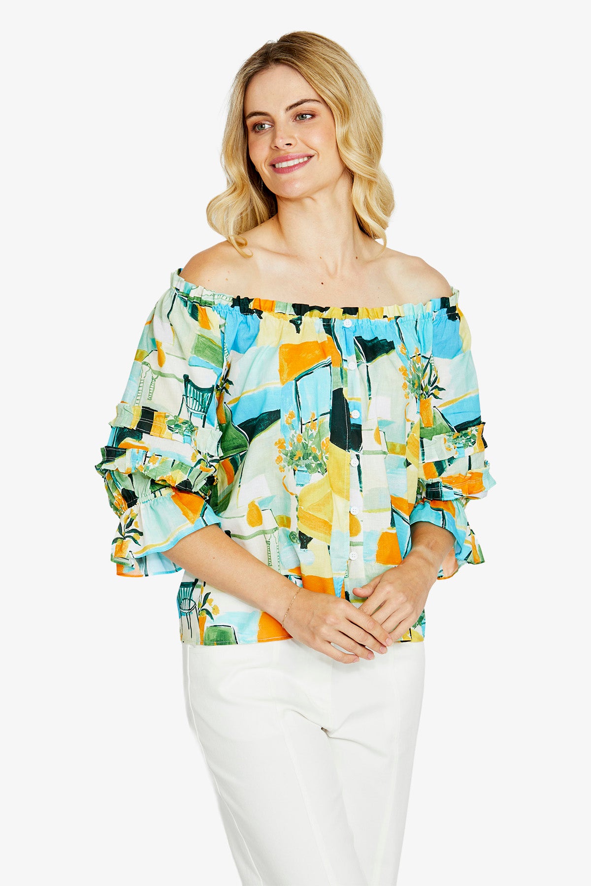Ping Pong Alessia Button Down Peasant Top - Alfresco Print