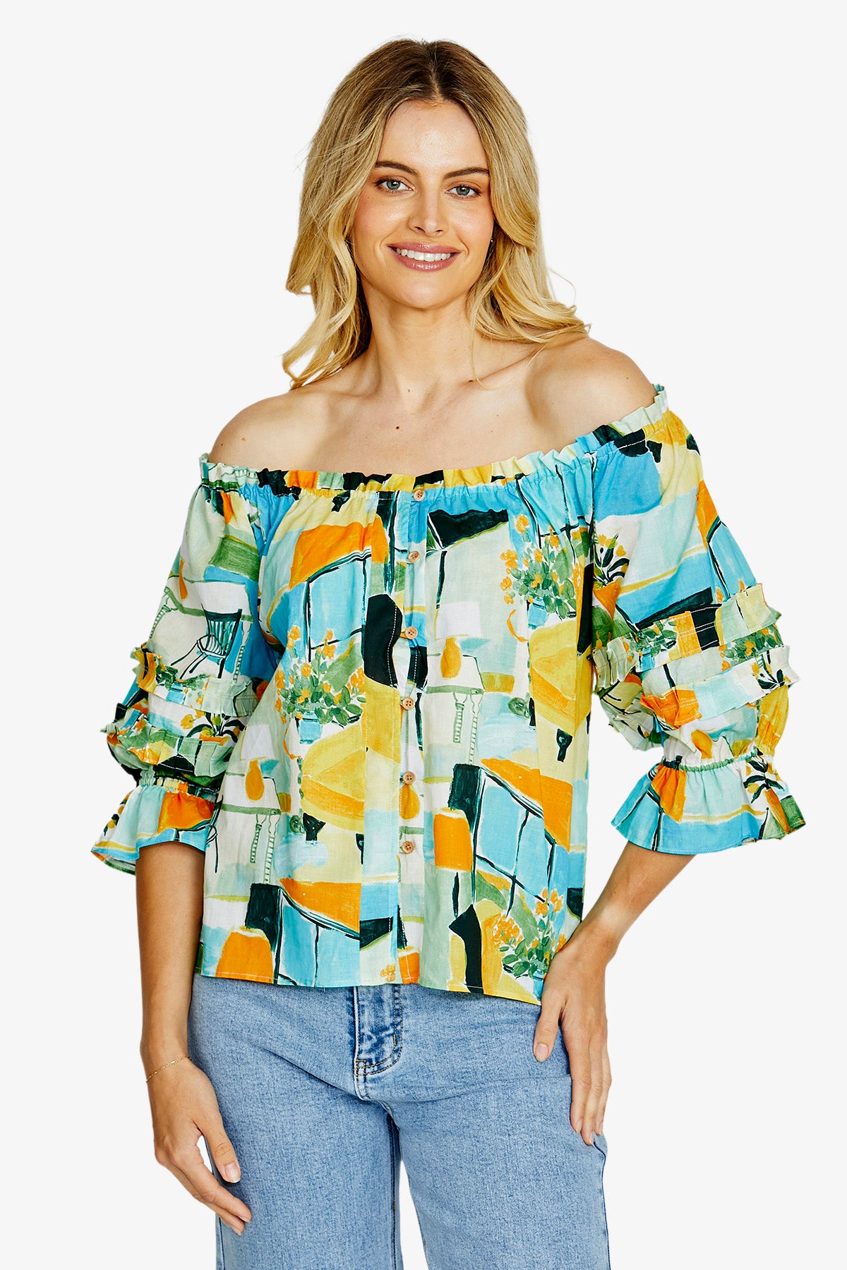 Ping Pong Alessia Button Down Peasant Top - Alfresco Print