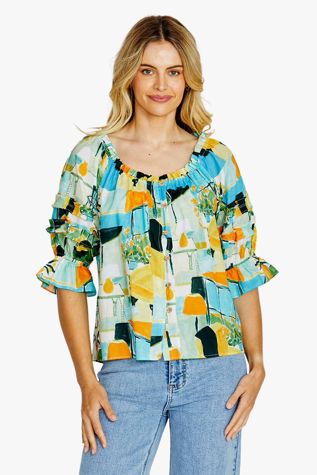 Ping Pong Alessia Button Down Peasant Top - Alfresco Print