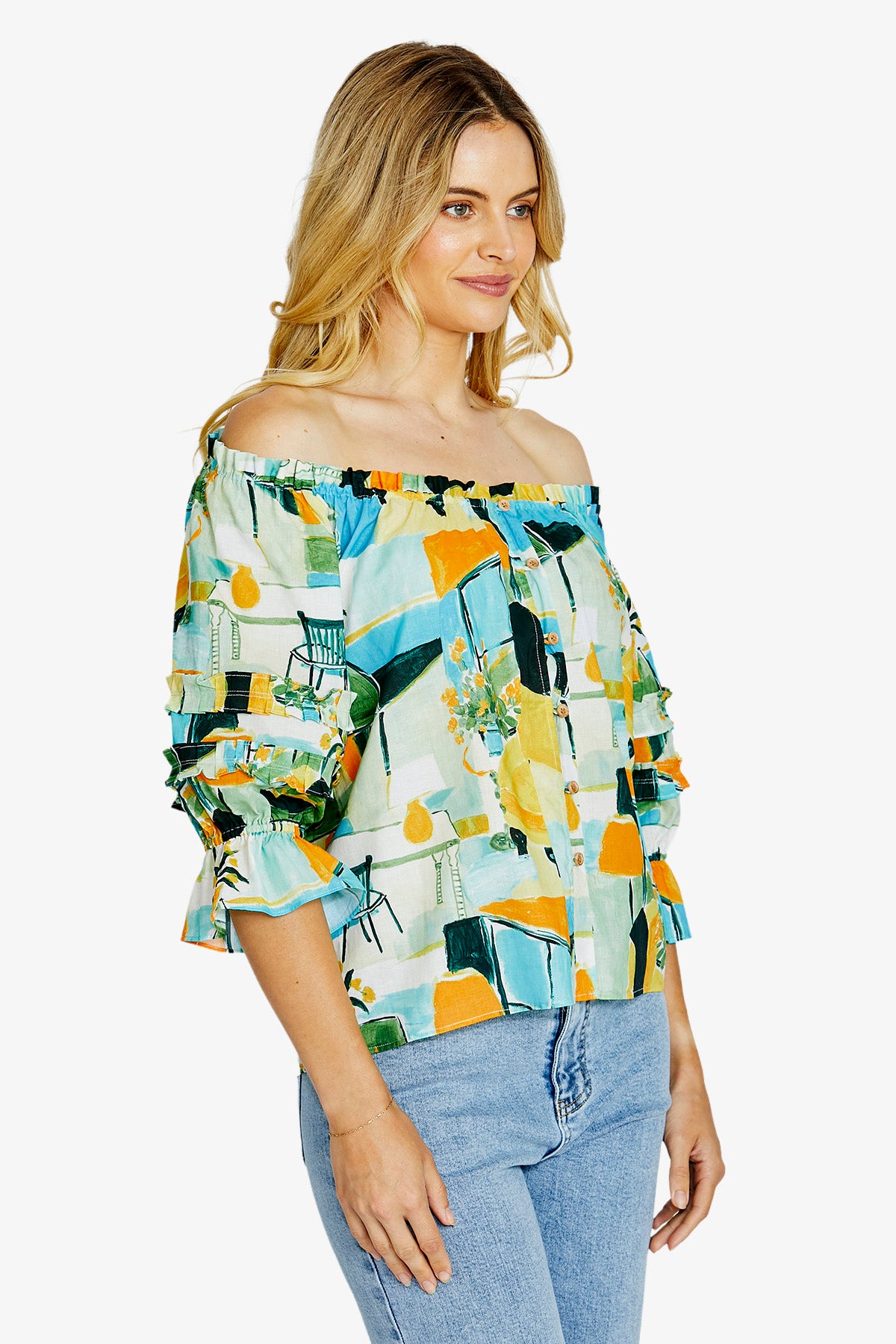 Ping Pong Alessia Button Down Peasant Top - Alfresco Print