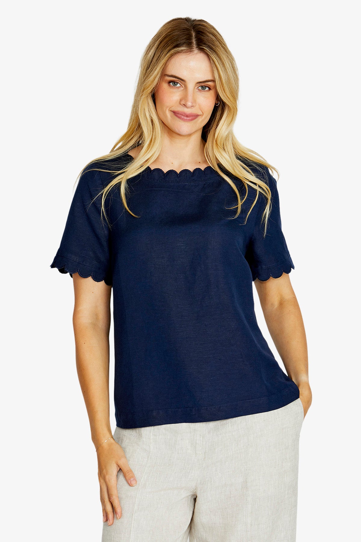 Ping Pong Monica Scallop Neck Short Sleeve Top - True Navy