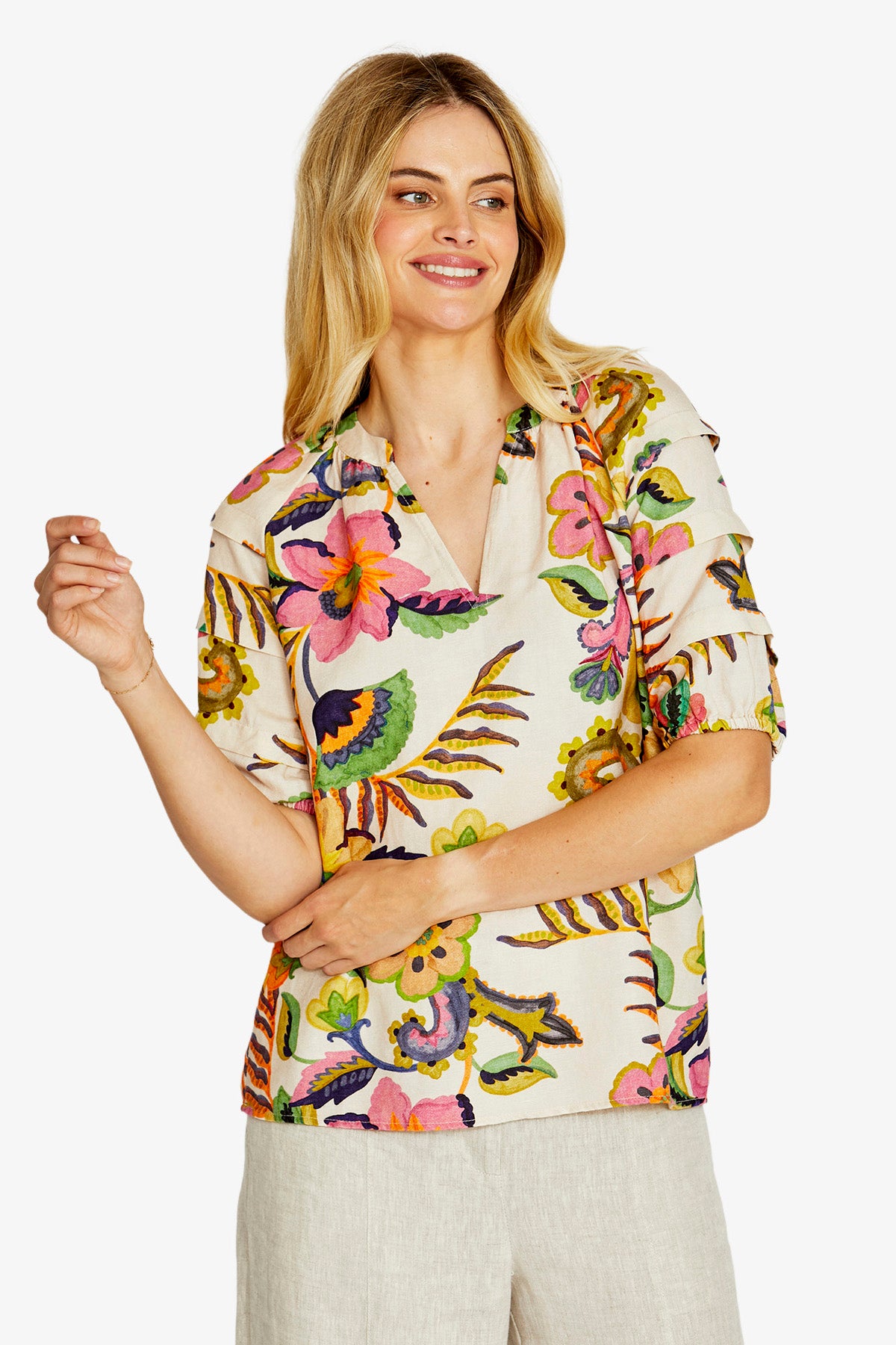 Ping Pong Audrey Gathered Open Neck Blouse - Carnival Print