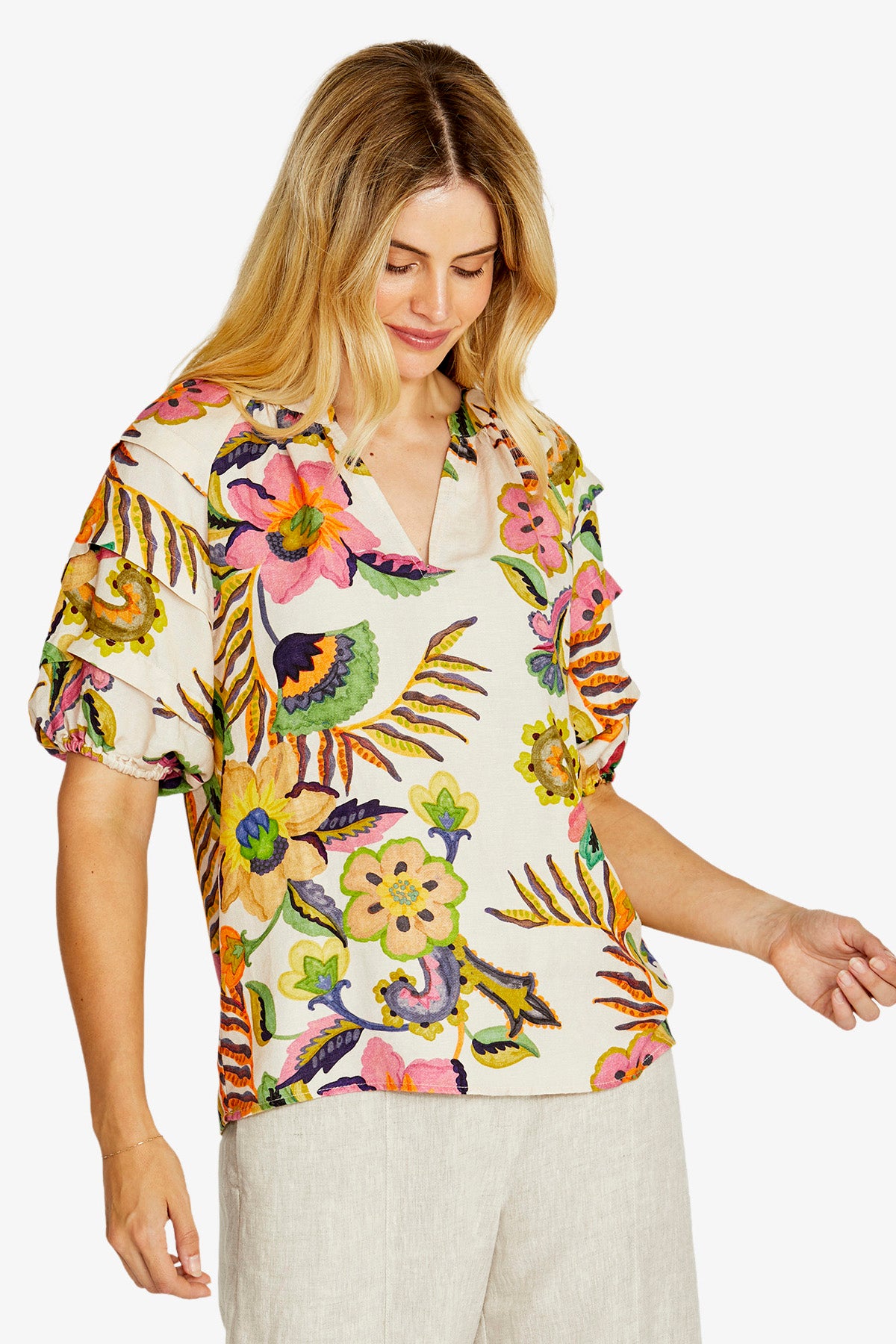 Ping Pong Audrey Gathered Open Neck Blouse - Carnival Print