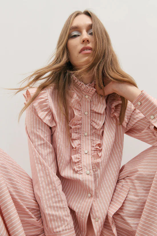 Maevarii Rue Long Sleeve Frill Shirt - Rosewater & Ivory Stripe