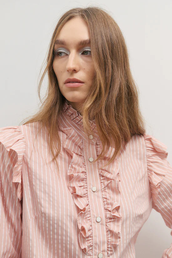 Maevarii Rue Long Sleeve Frill Shirt - Rosewater & Ivory Stripe