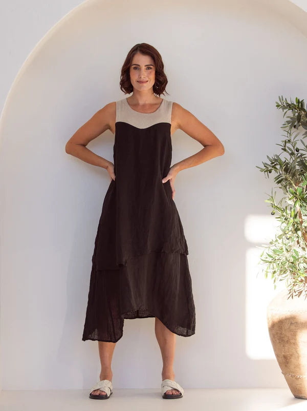See Saw Sleeveless Jersey Double Layer Dress - Black/Flax