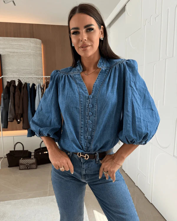 Smaibulun Puff Sleeve Denim Shirt - Mid Wash