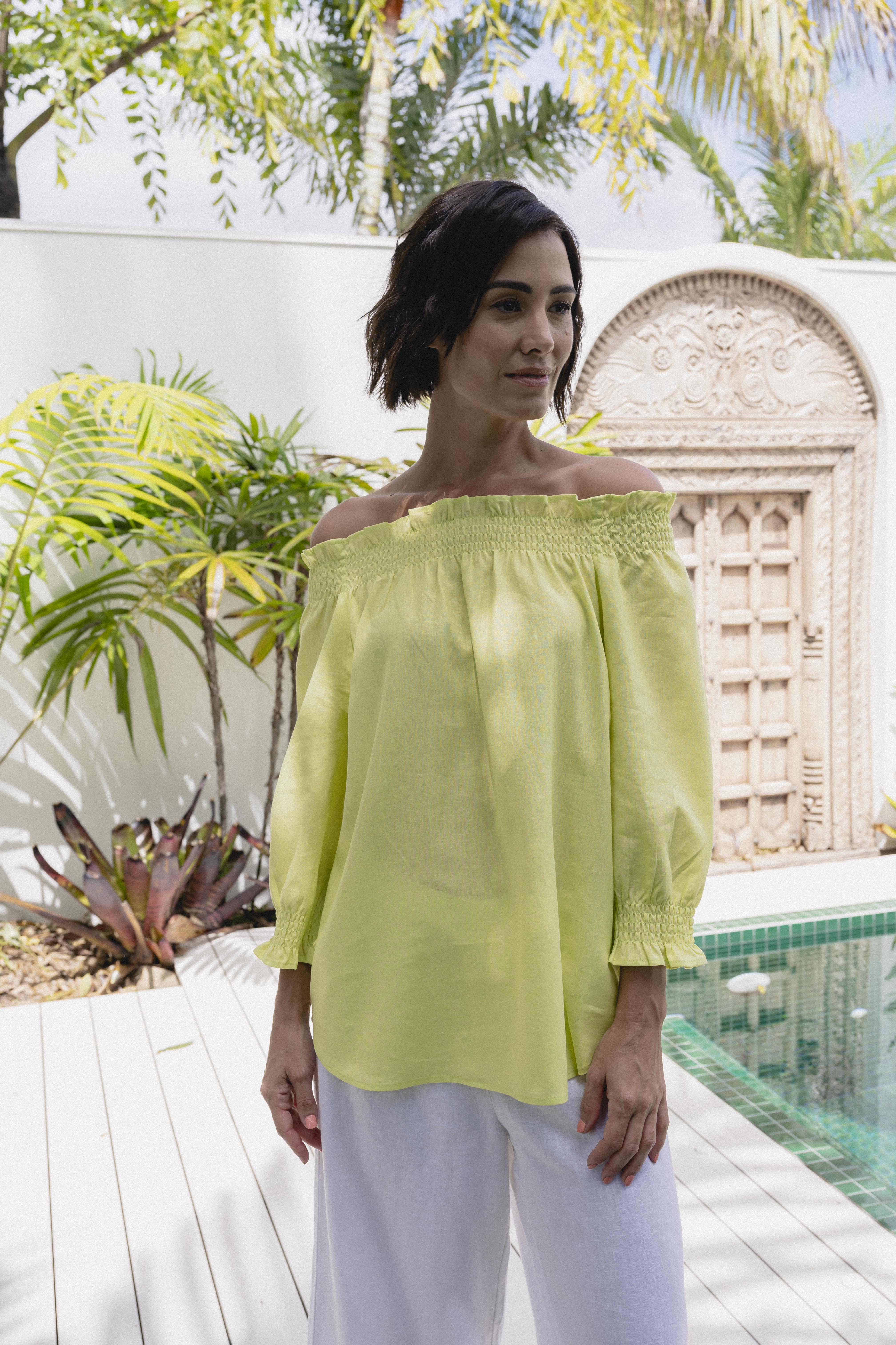 See Saw Shirred Off Shoulder Top - Pine Lime