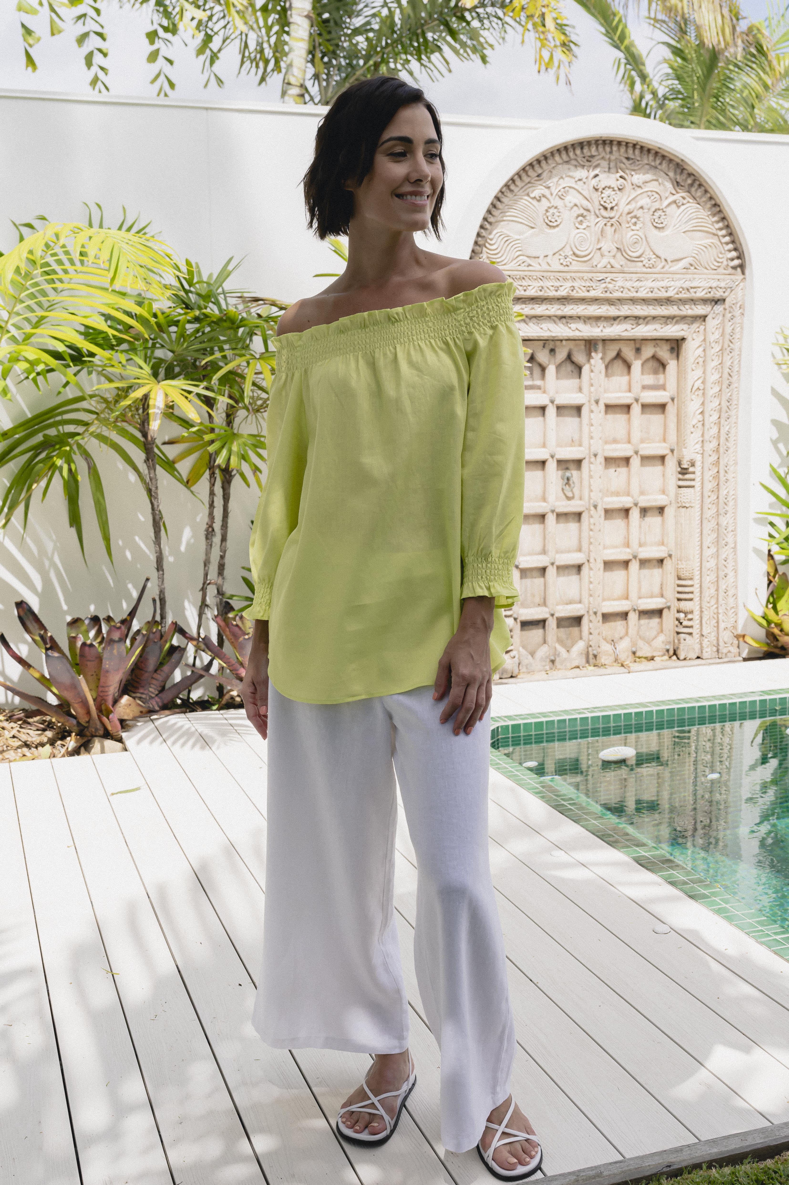 See Saw Shirred Off Shoulder Top - Pine Lime