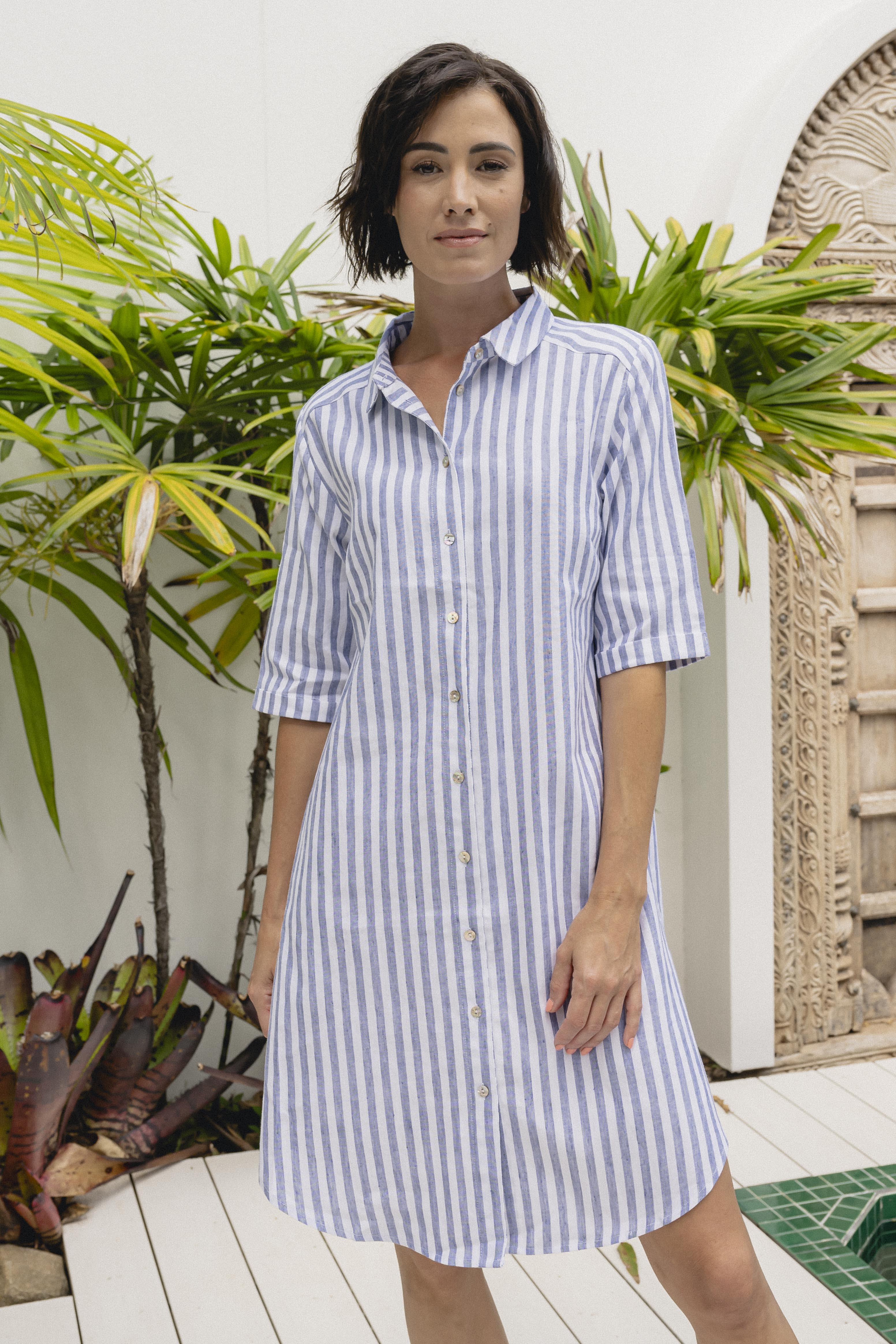 See Saw 3/4 Sleeve Shirtmaker Dress - Navy/White Stripe