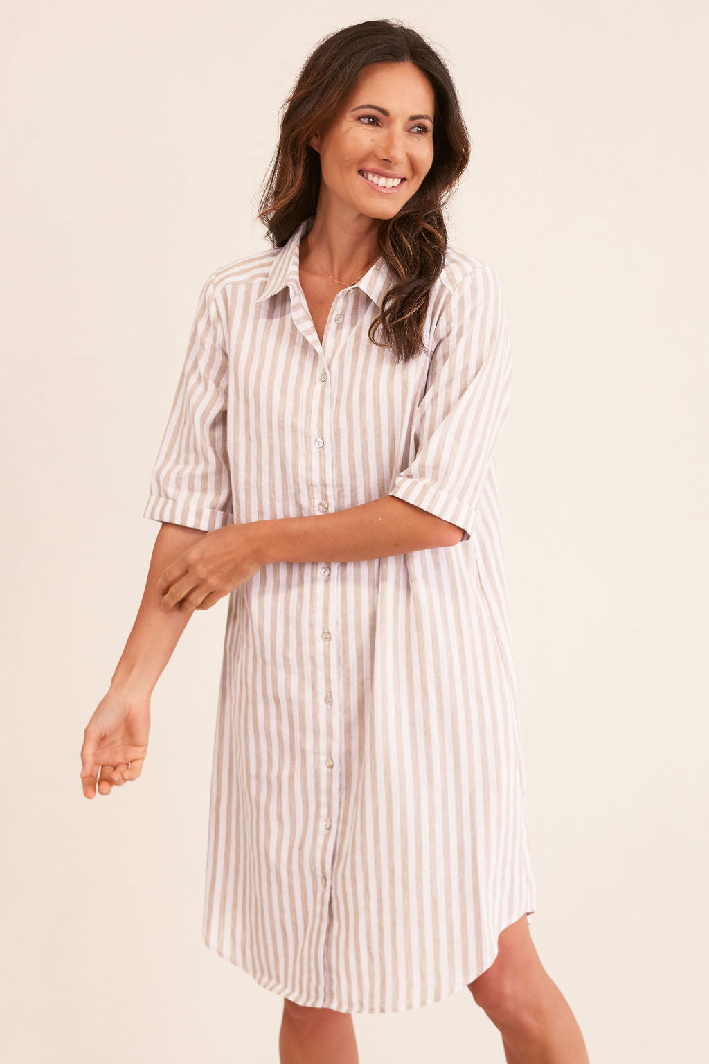 See Saw 3/4 Sleeve Shirtmaker Dress - Toffee/White Stripe