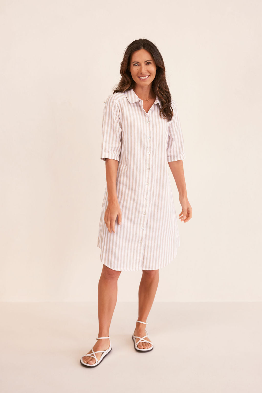 See Saw 3/4 Sleeve Shirtmaker Dress - Toffee/White Stripe