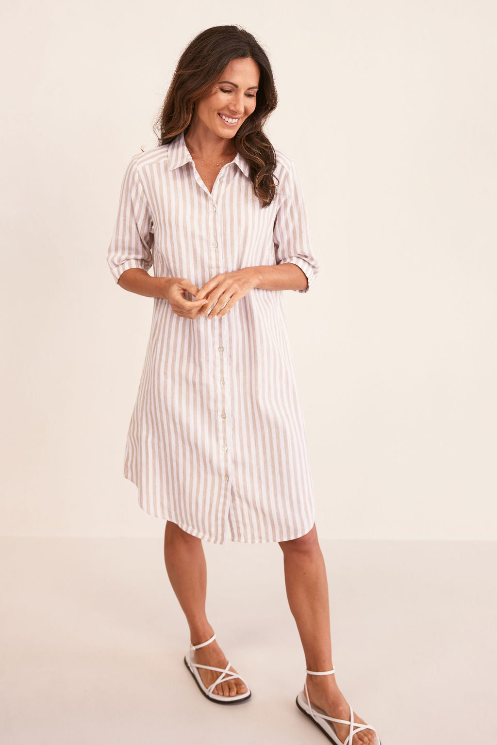 See Saw 3/4 Sleeve Shirtmaker Dress - Toffee/White Stripe