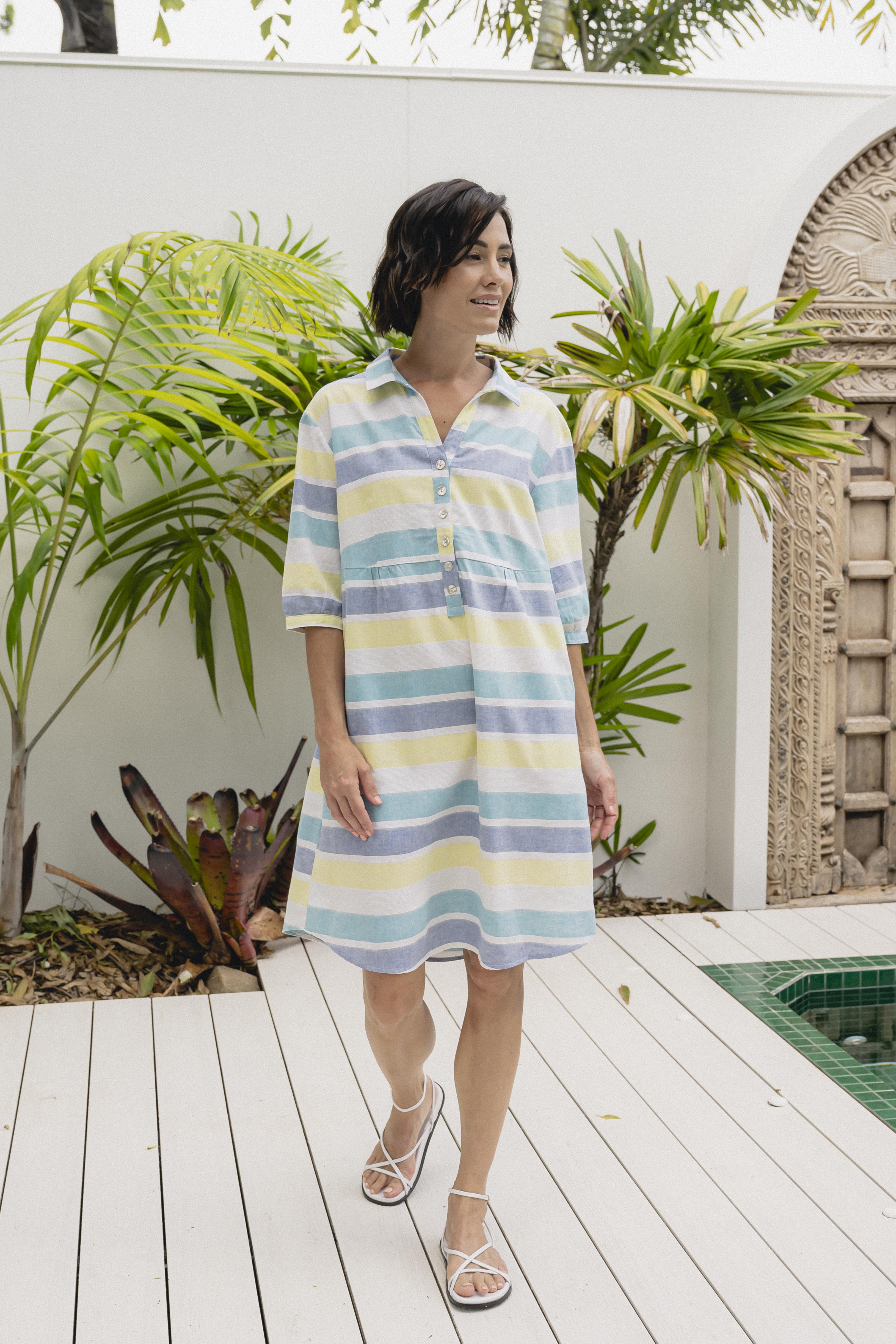 See Saw 3/4 Sleeve Button Front Dress - Aqua/Citrus Stripe