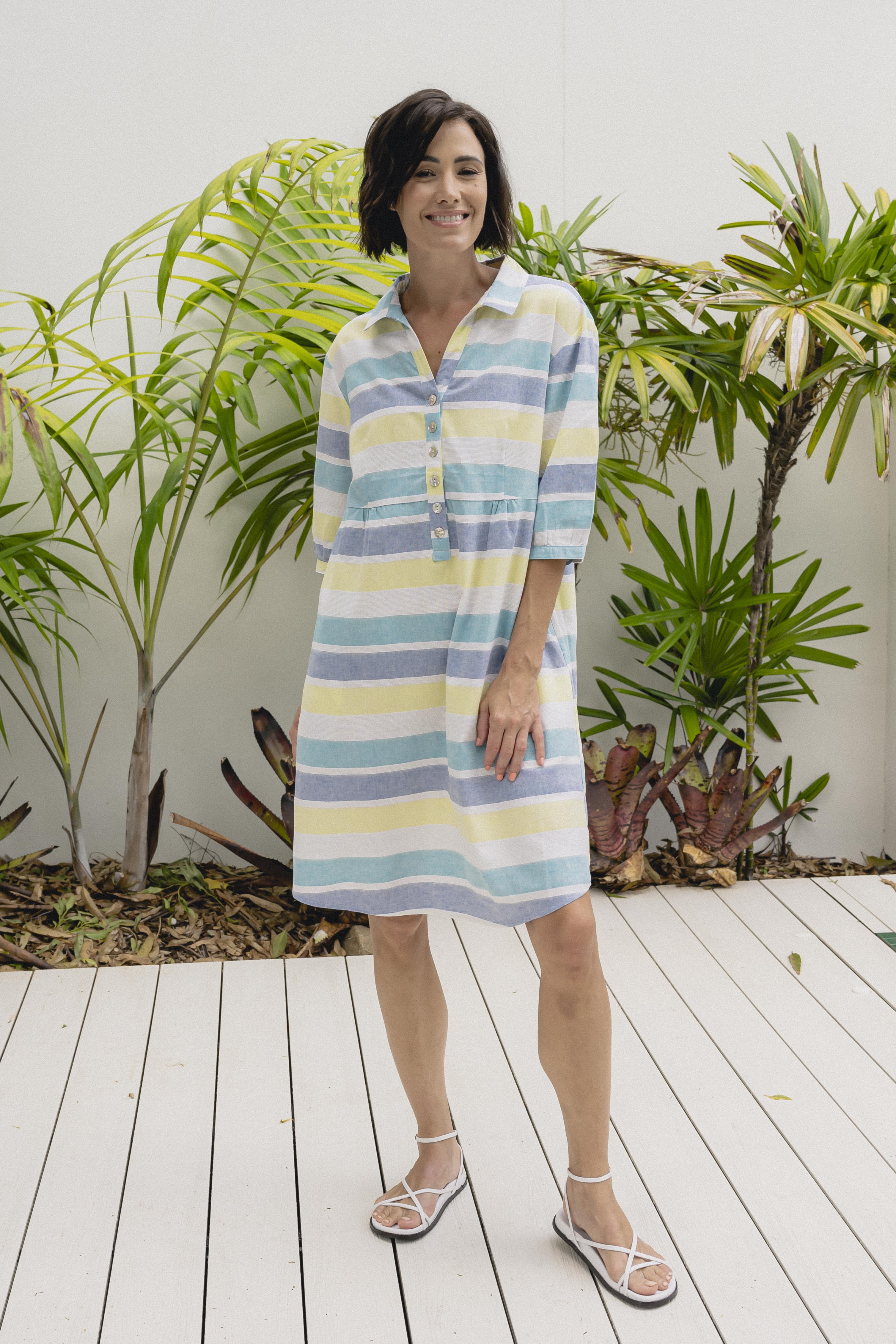 See Saw 3/4 Sleeve Button Front Dress - Aqua/Citrus Stripe