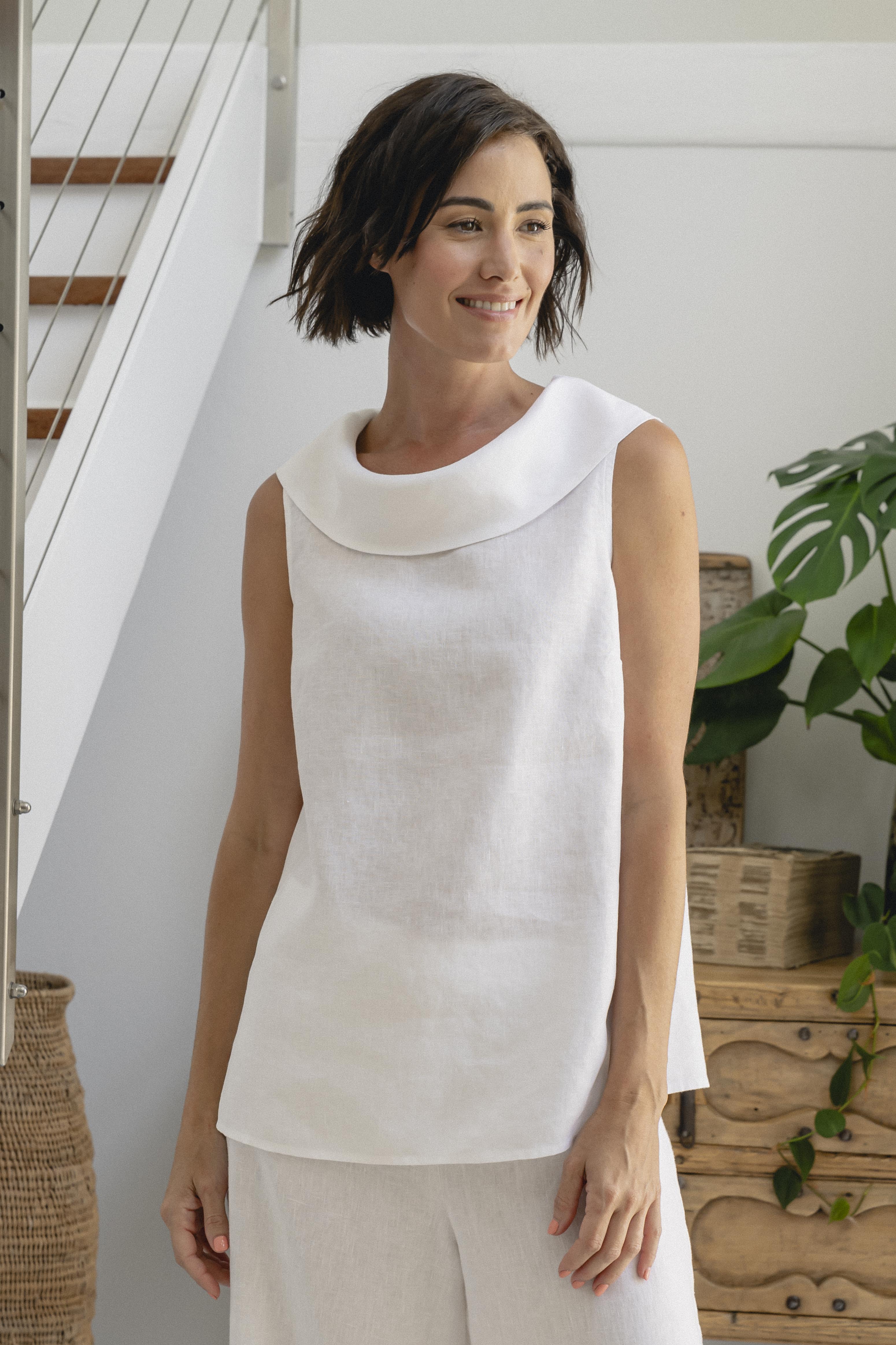 See Saw Sleeveless Button Back Cowl Top - White