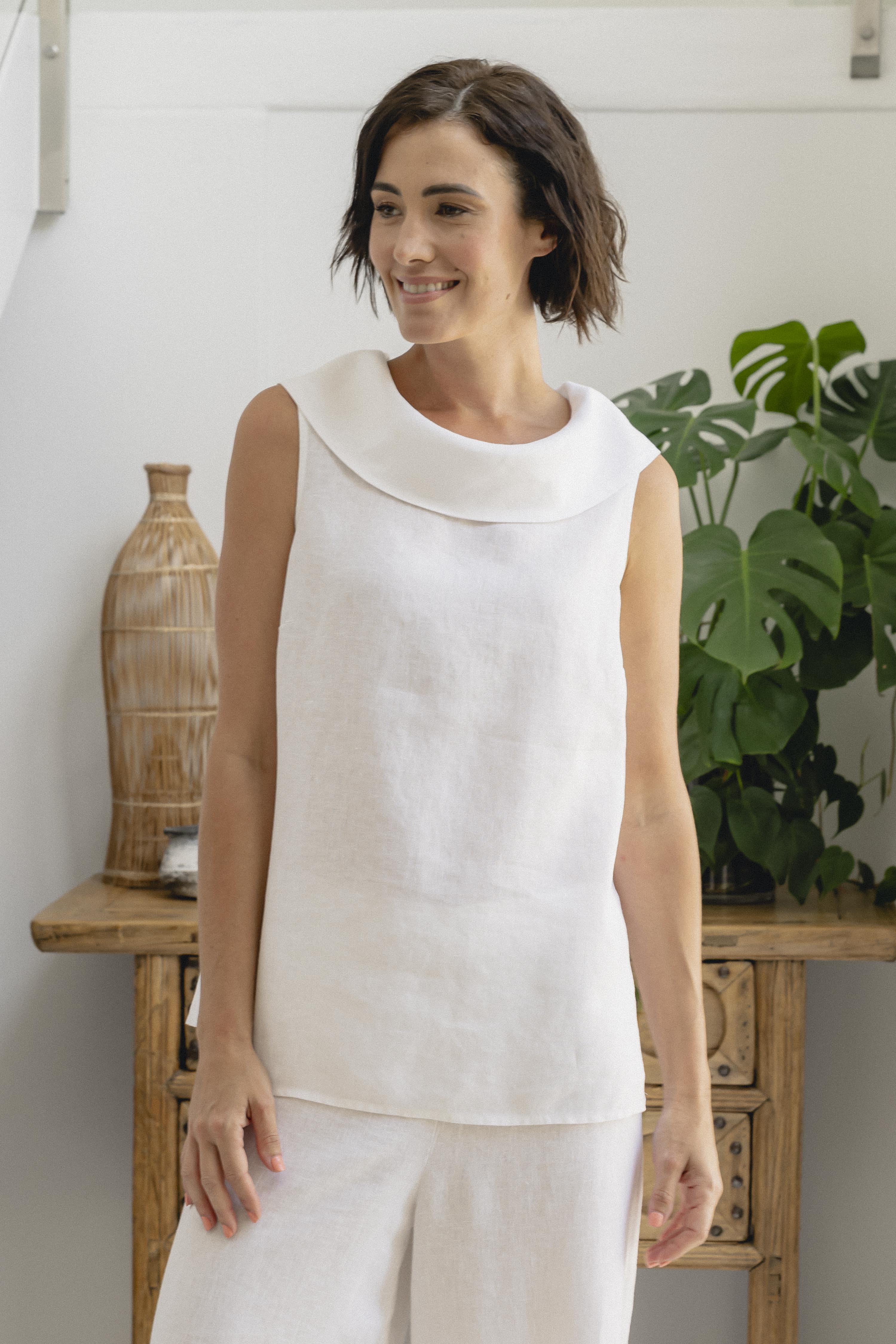 See Saw Sleeveless Button Back Cowl Top - White