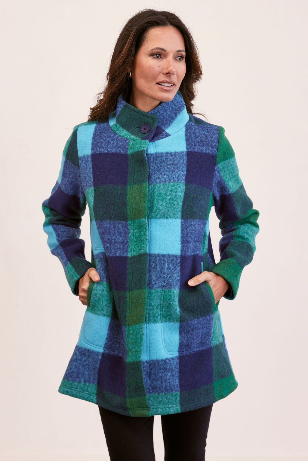 See Saw Plaid Funnel Neck Coat - Emerald/Navy/Aqua