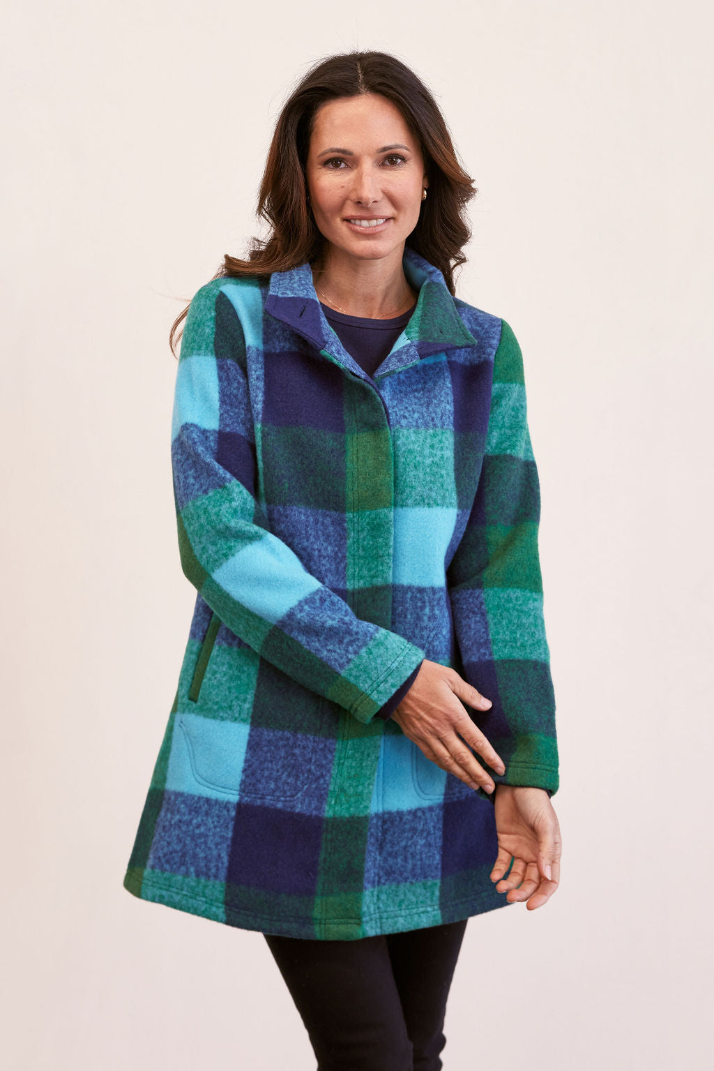 See Saw Plaid Funnel Neck Coat - Emerald/Navy/Aqua