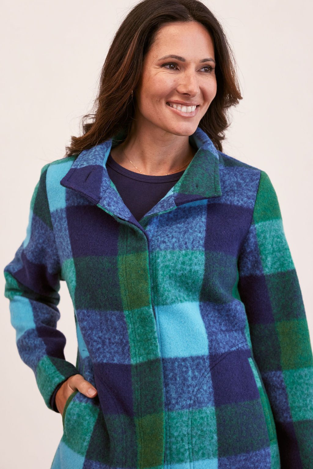 See Saw Plaid Funnel Neck Coat - Emerald/Navy/Aqua