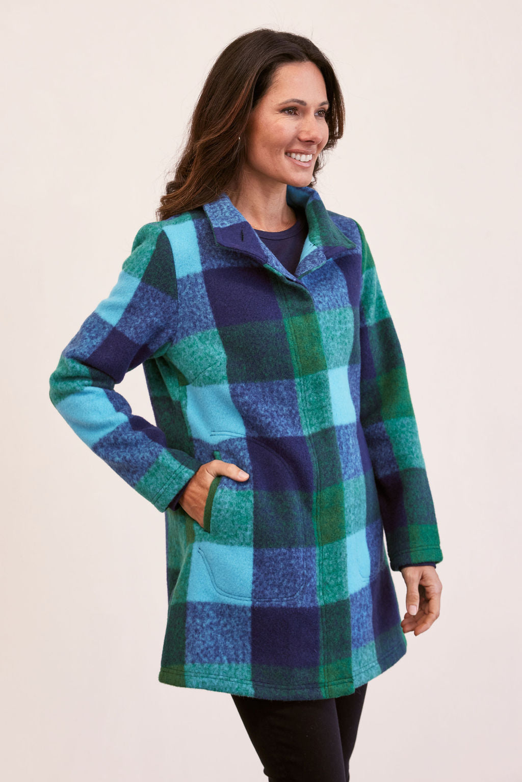 See Saw Plaid Funnel Neck Coat - Emerald/Navy/Aqua