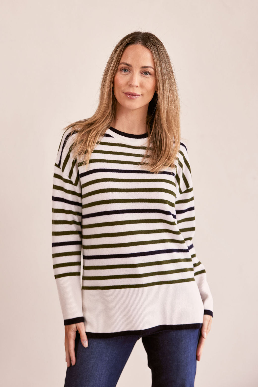 See Saw Crew Neck Stripe Sweater - Cream/Khaki/Navy