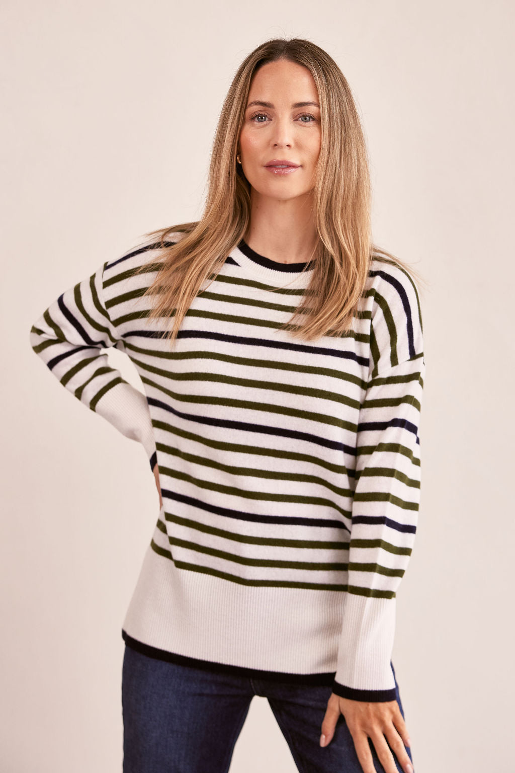 See Saw Crew Neck Stripe Sweater - Cream/Khaki/Navy