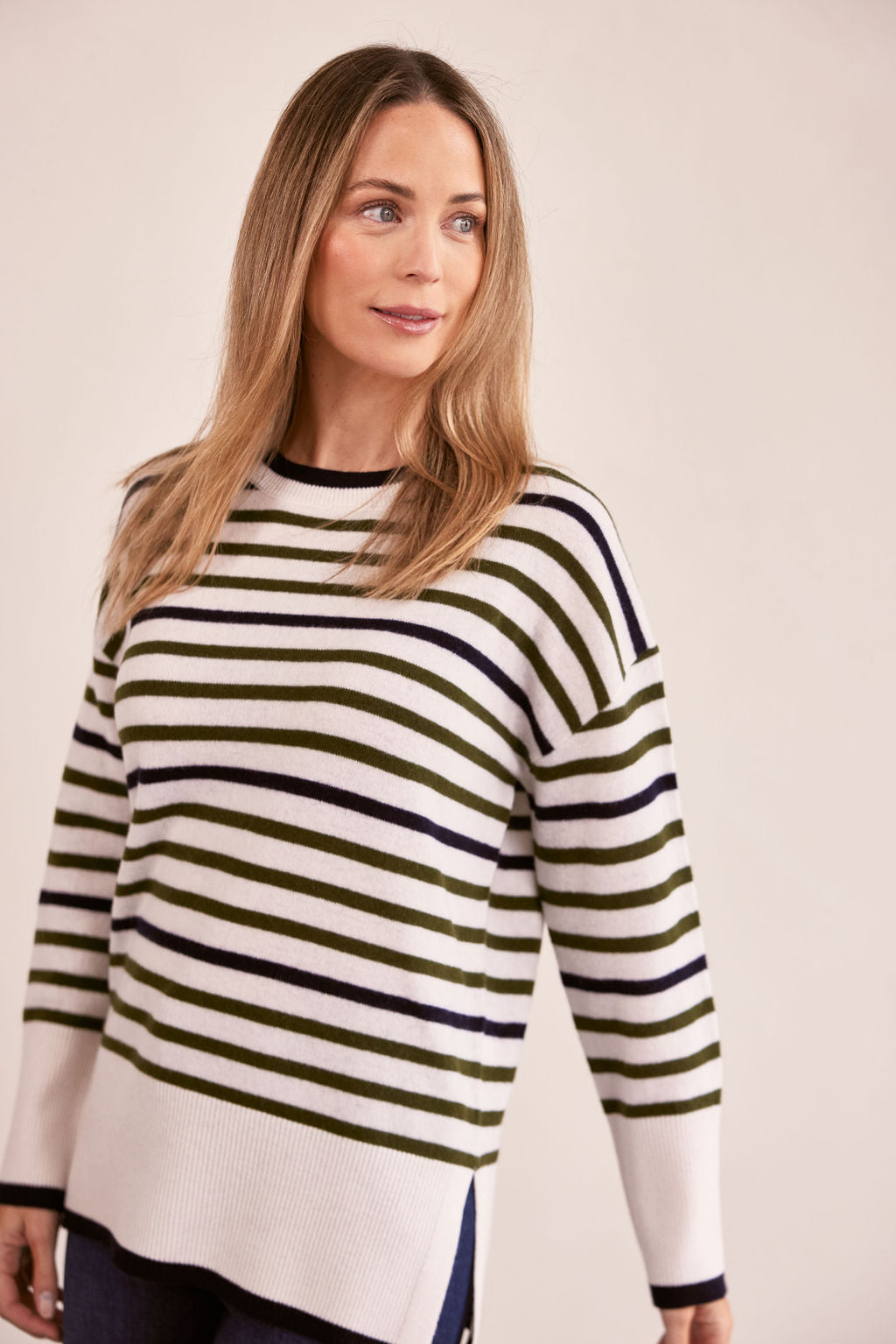 See Saw Crew Neck Stripe Sweater - Cream/Khaki/Navy