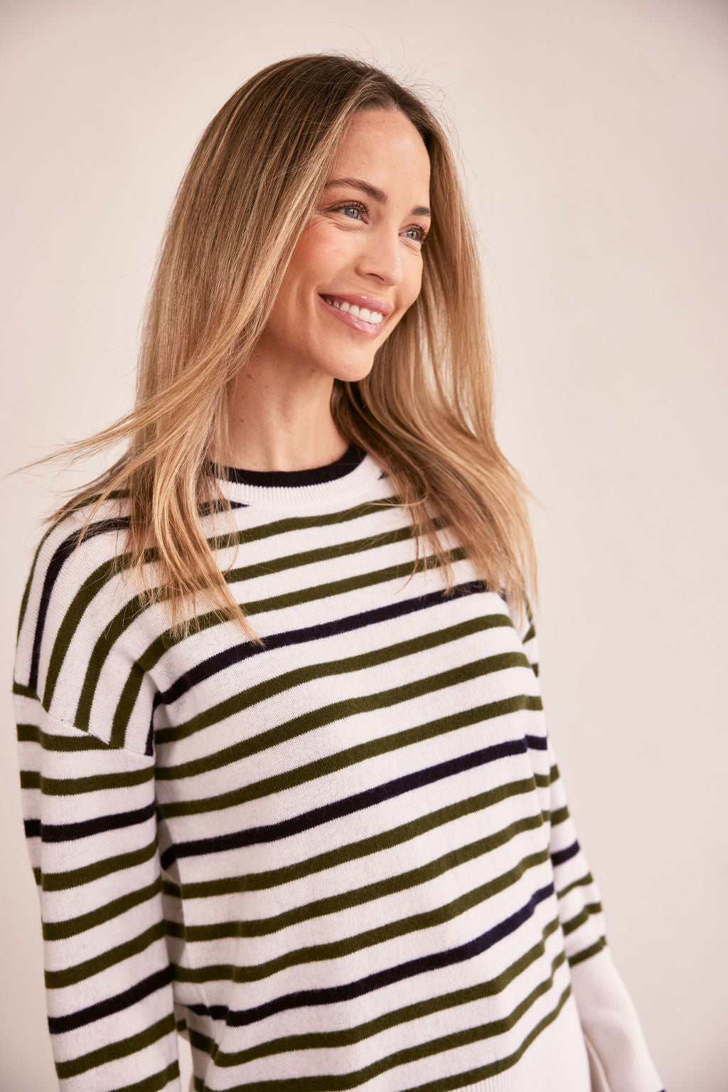 See Saw Crew Neck Stripe Sweater - Cream/Khaki/Navy