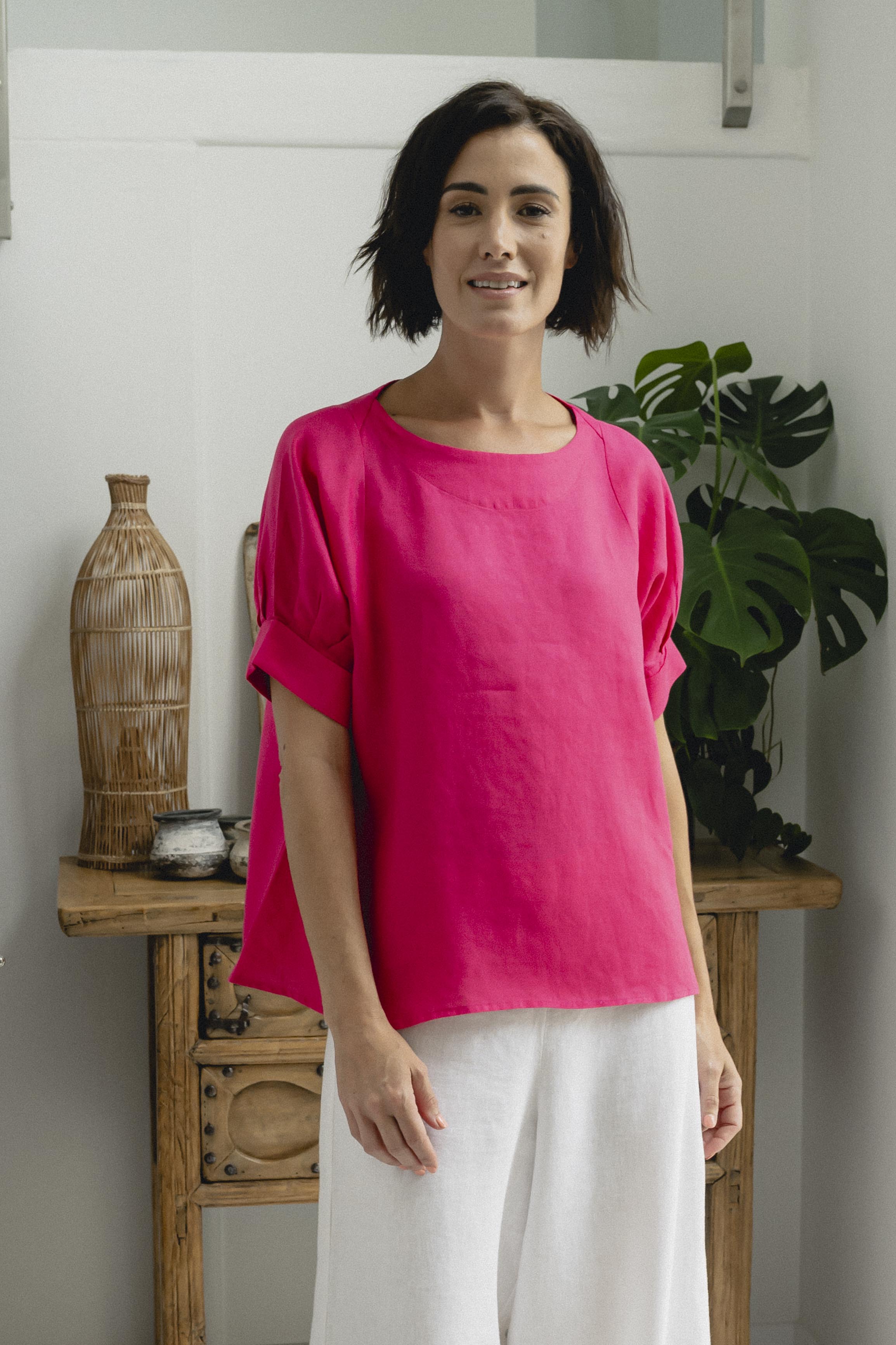 See Saw Cuff Sleeve A-Line Top - Pink