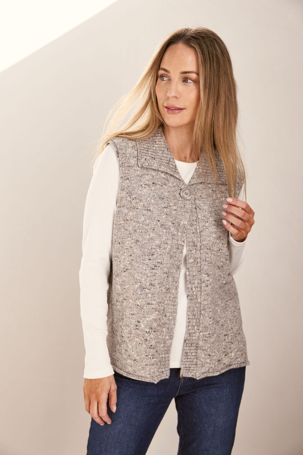 See Saw 1 Button Collared Vest - Oatmeal Speckle