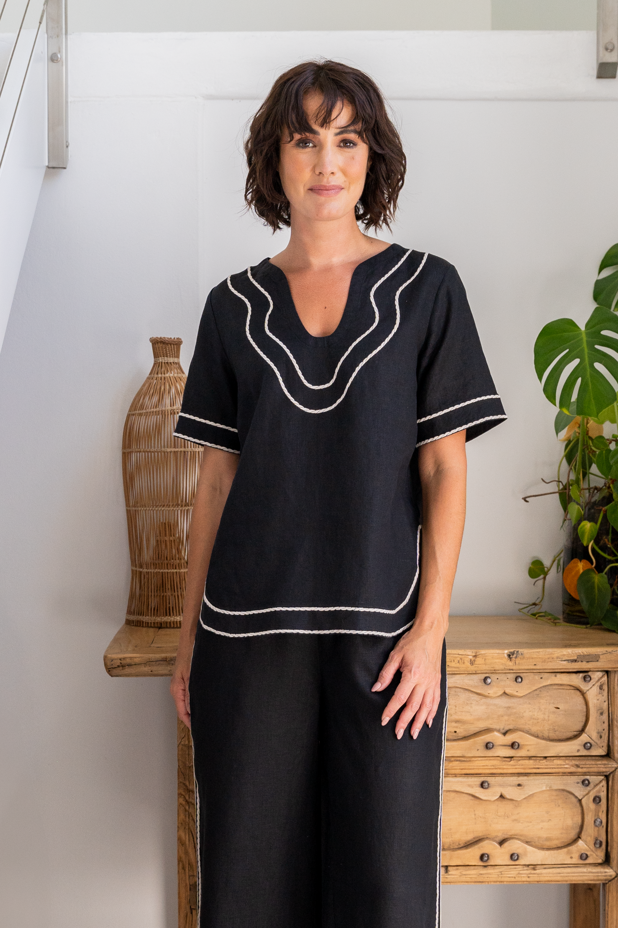 See Saw Embroidery Trim Scoop Neck Top - Black/Natural