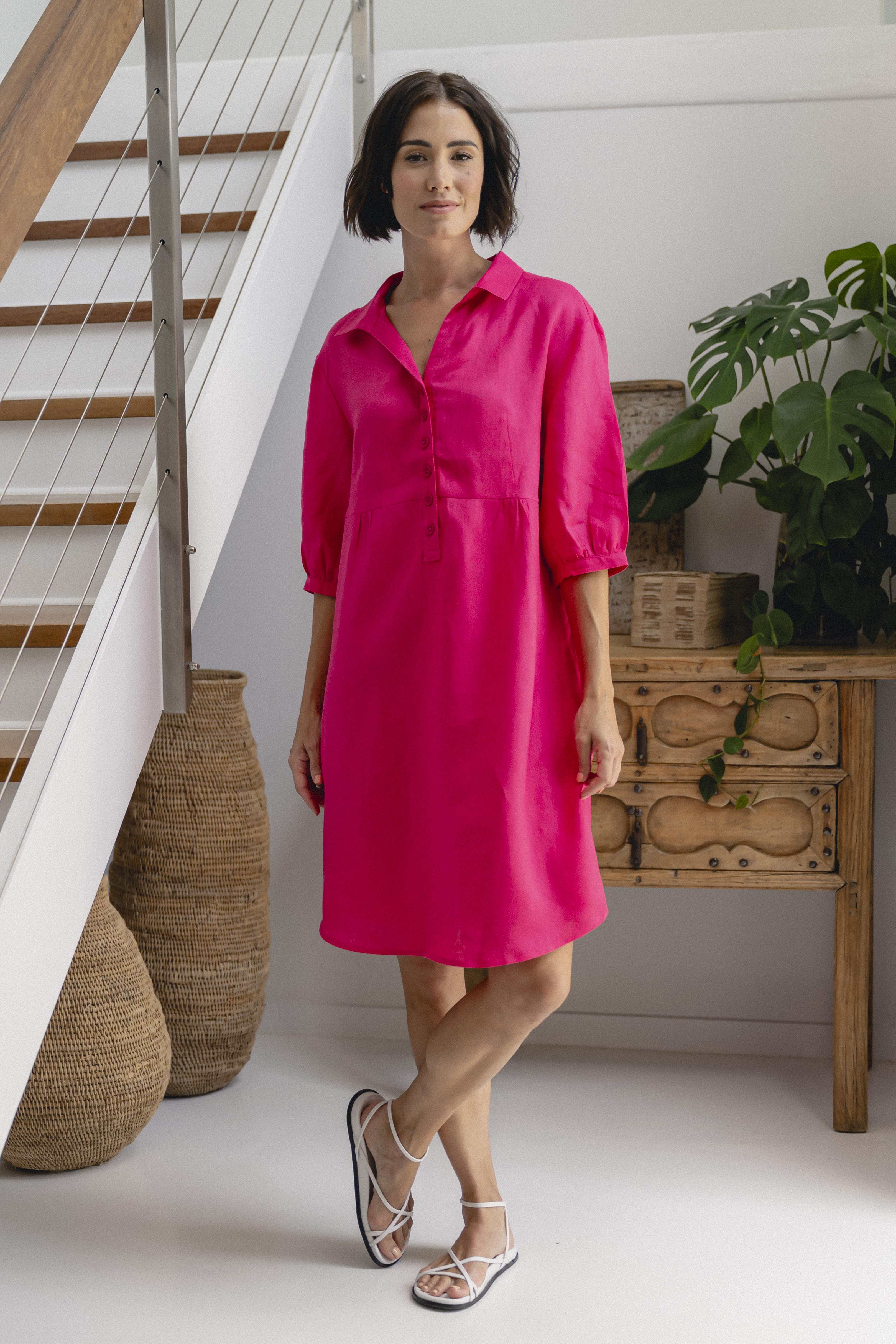 See Saw 3/4 Sleeve Collared Button Front Dress - Pink