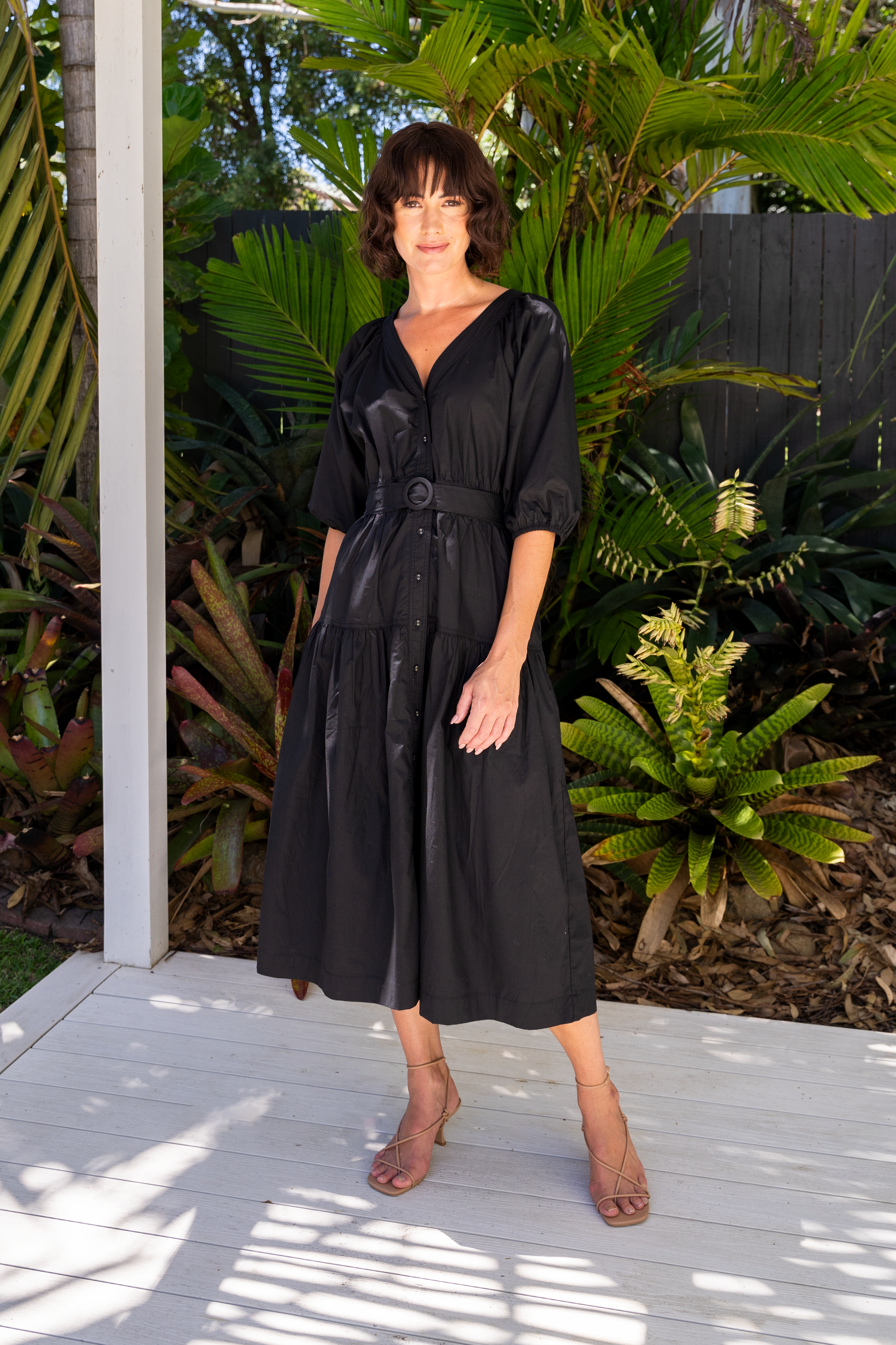See Saw Short Sleeve Tiered Belted Dress - Black