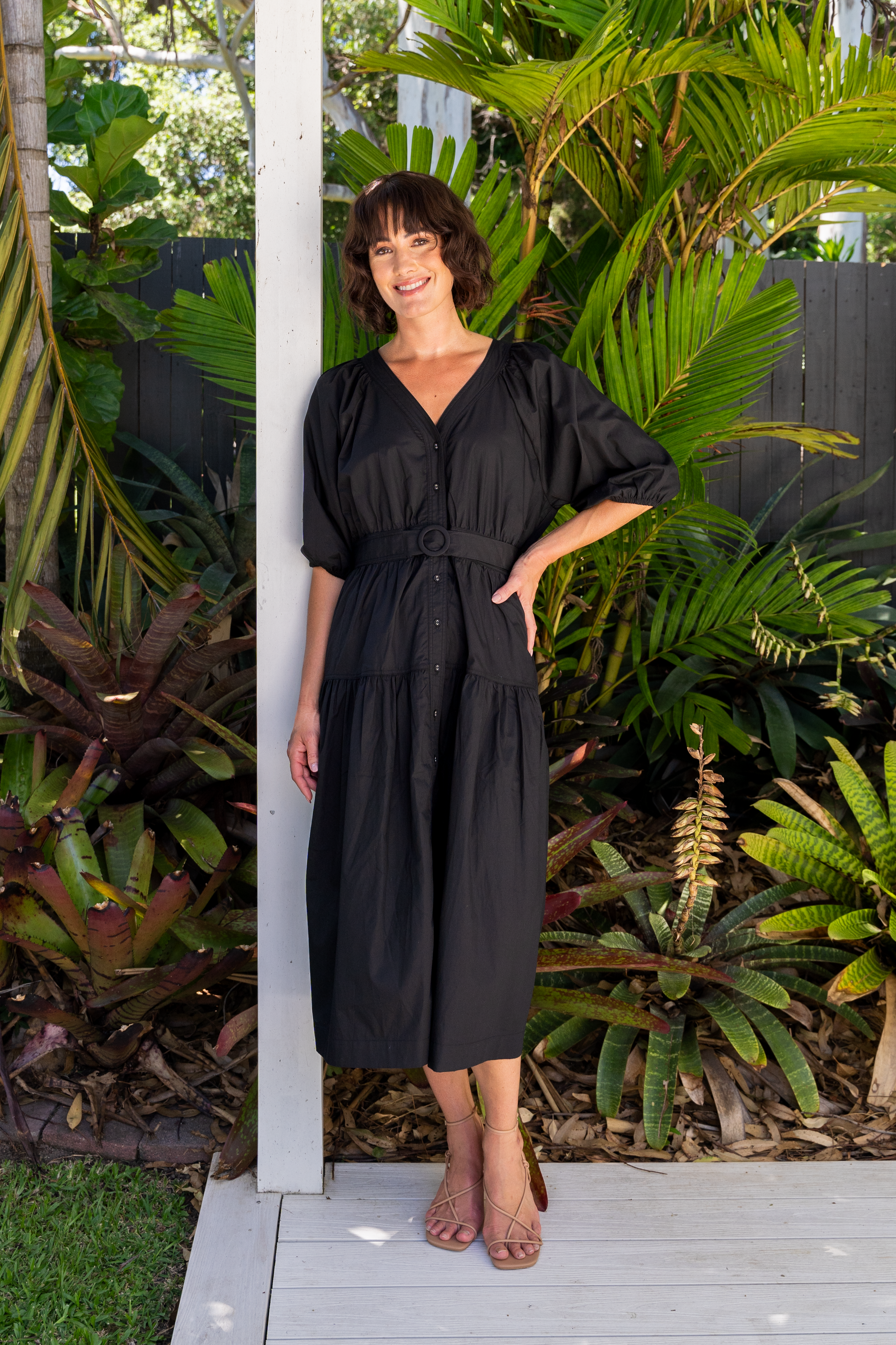See Saw Short Sleeve Tiered Belted Dress - Black