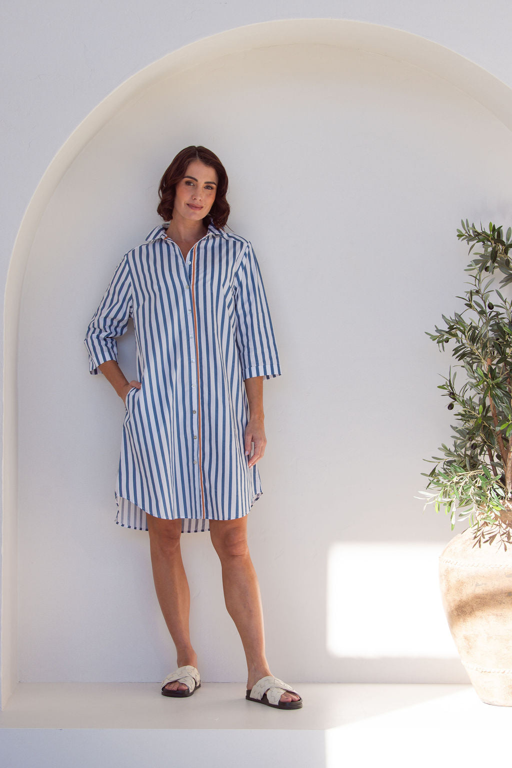 See Saw 3/4 Sleeve Stripe Shirtmaker Dress - Denim/White
