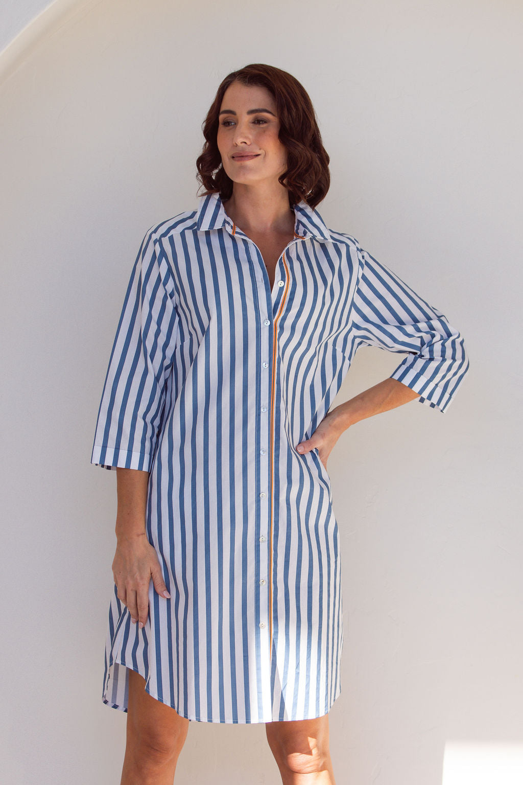 See Saw 3/4 Sleeve Stripe Shirtmaker Dress - Denim/White