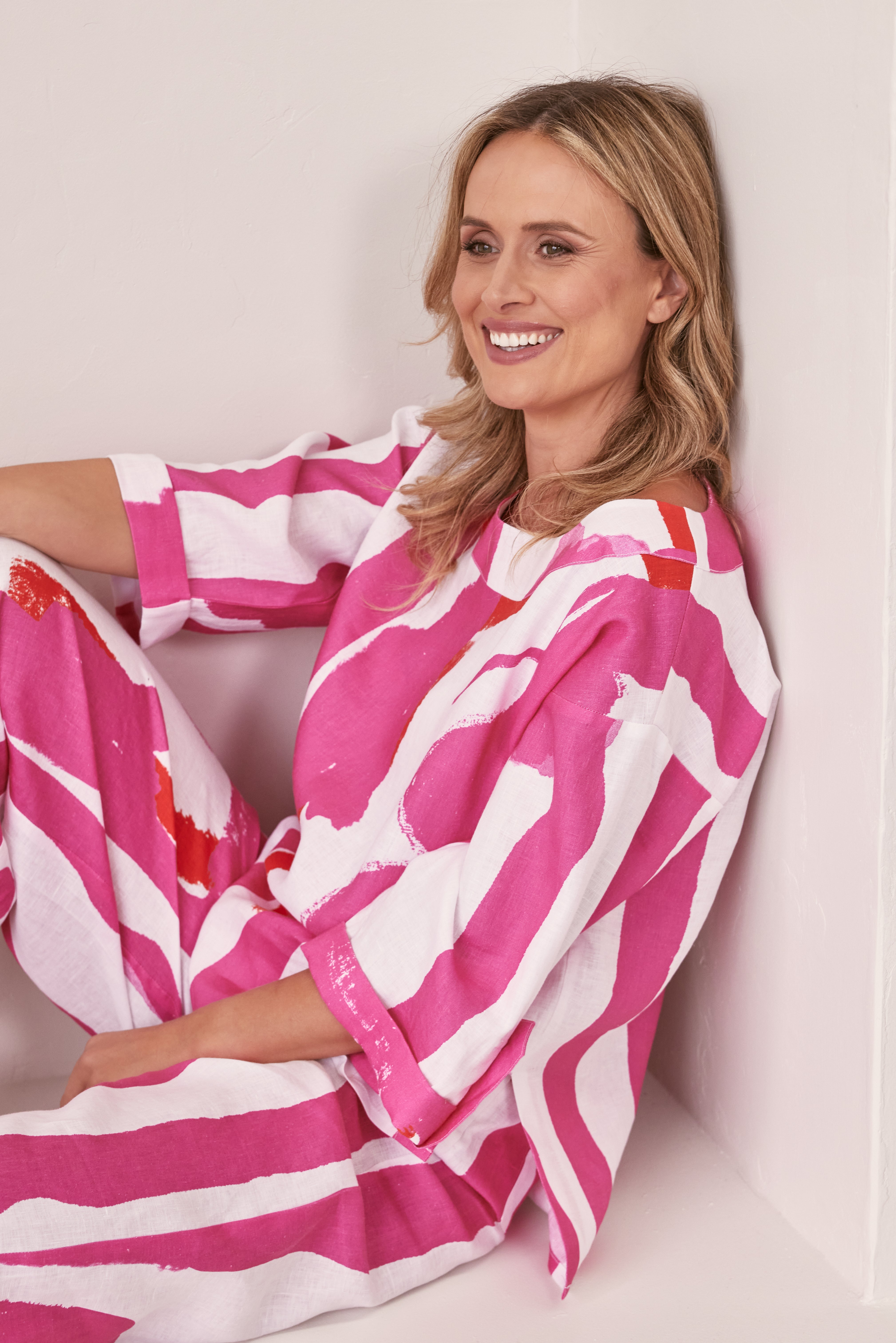 See Saw 3/4 Sleeve Top with Feature Buttons - Pink/Orange