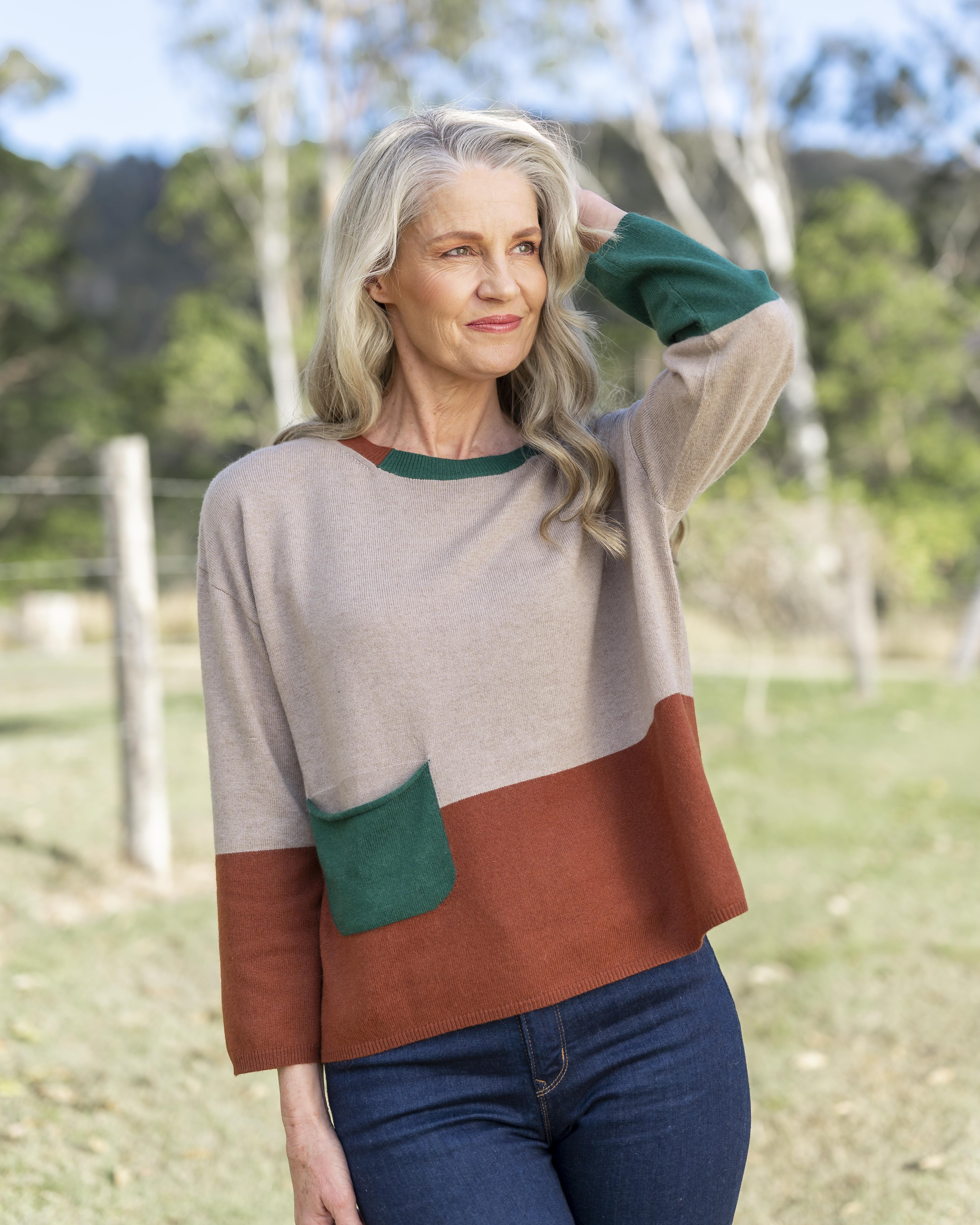 See Saw Colour Block Sweater - Stone/Nutmeg/Forest