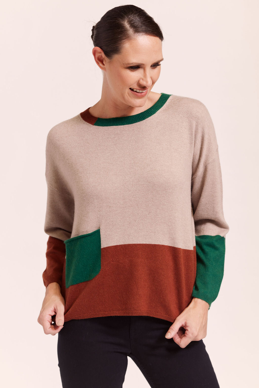See Saw Colour Block Sweater - Stone/Nutmeg/Forest