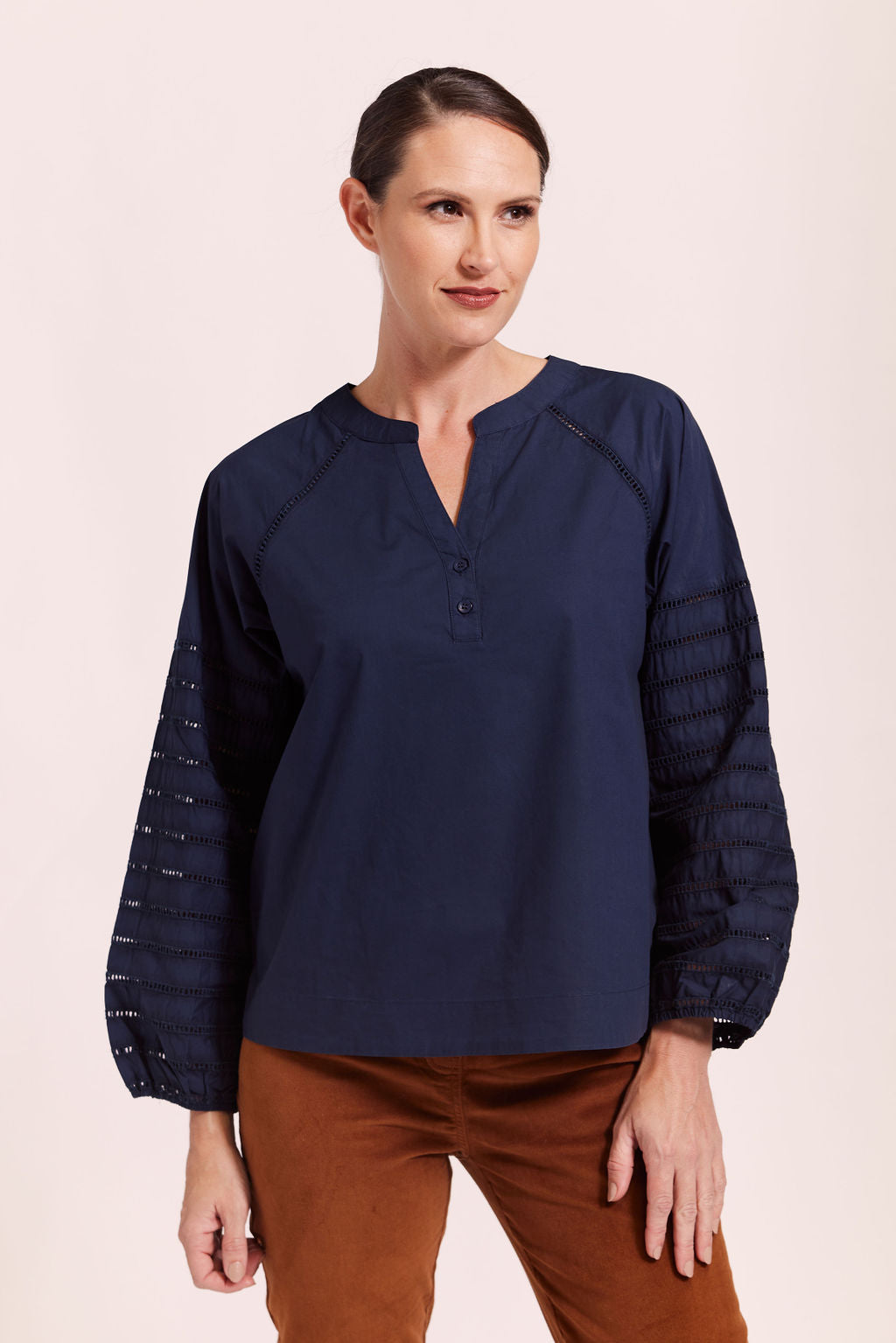 See Saw Cotton Shirt with Broderie Sleeve - Navy