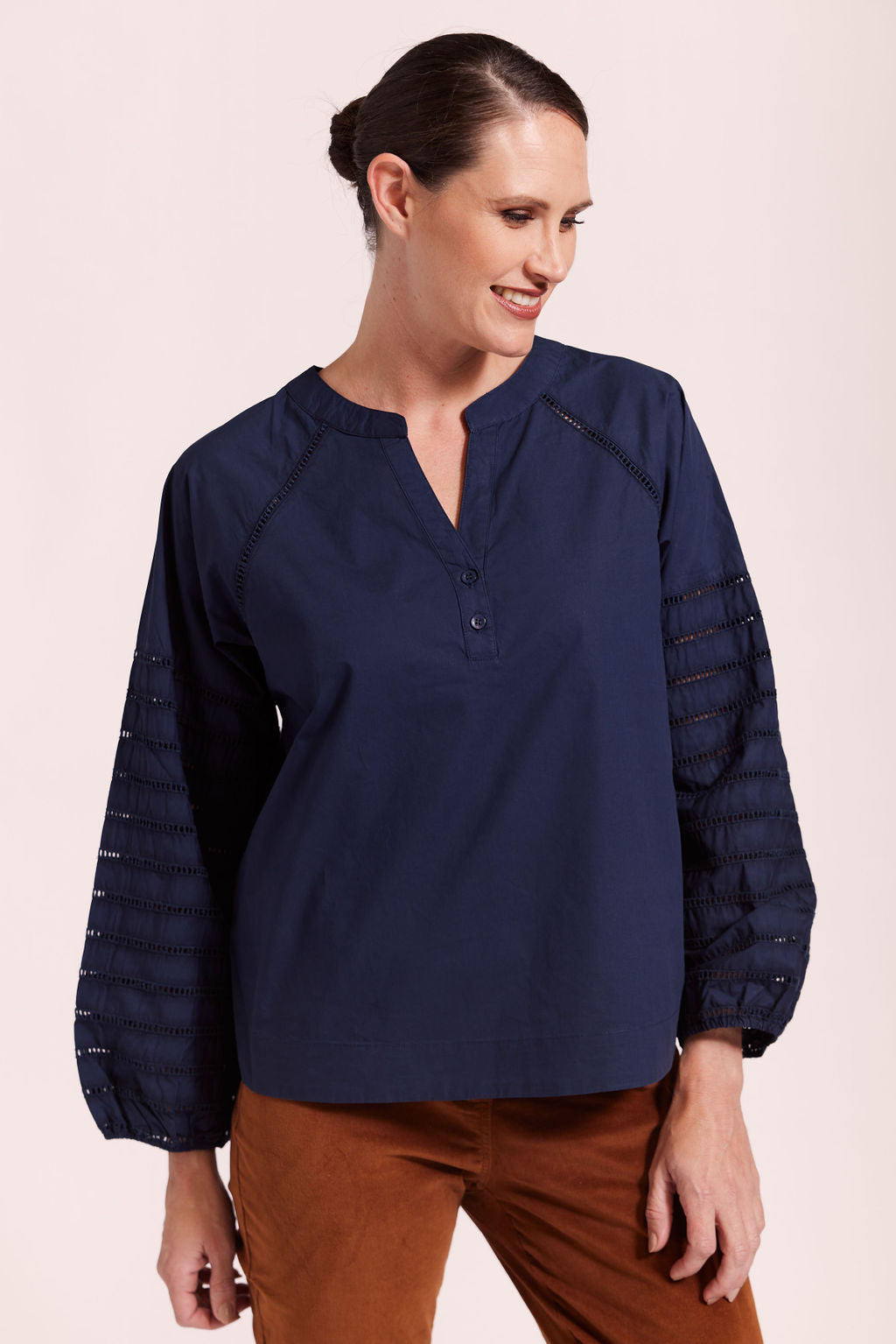See Saw Cotton Shirt with Broderie Sleeve - Navy