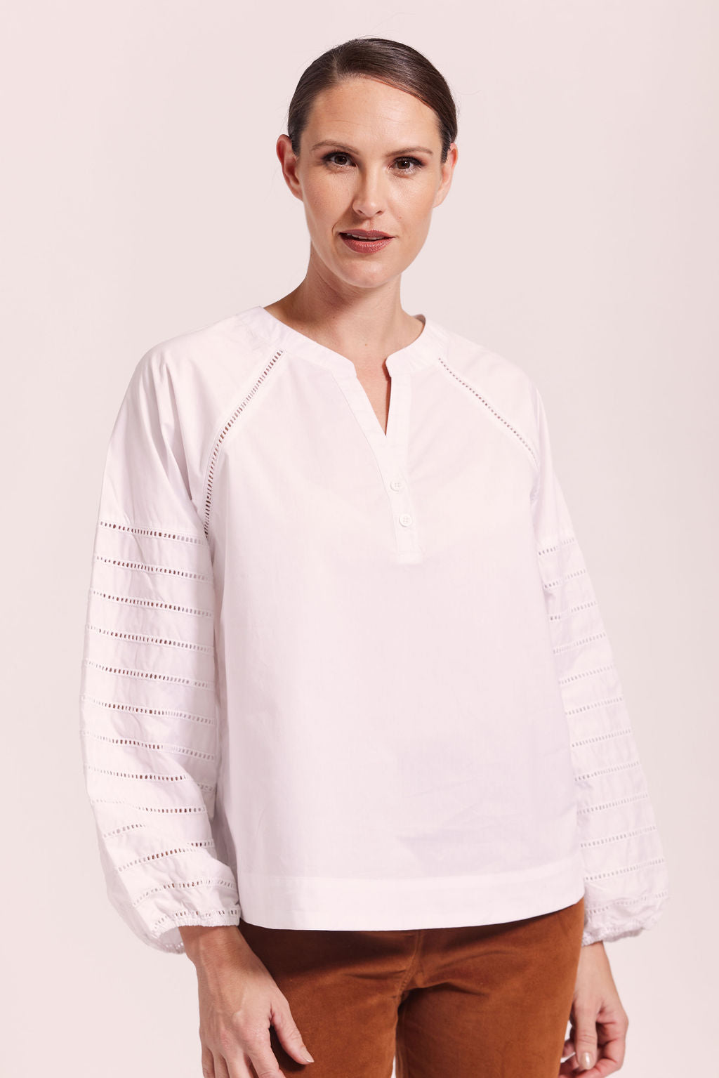 See Saw Cotton Shirt with Broderie Sleeve - White