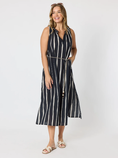 Threadz Sunset Safari Sleeveless Stripe Print Dress - Black/Ivory