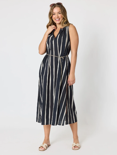 Threadz Sunset Safari Sleeveless Stripe Print Dress - Black/Ivory