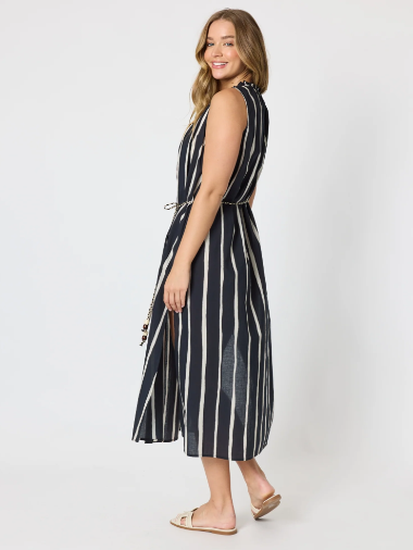 Threadz Sunset Safari Sleeveless Stripe Print Dress - Black/Ivory