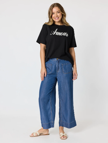 Threadz Dune Carpenter Wide Leg Cropped Pant - Dark Denim