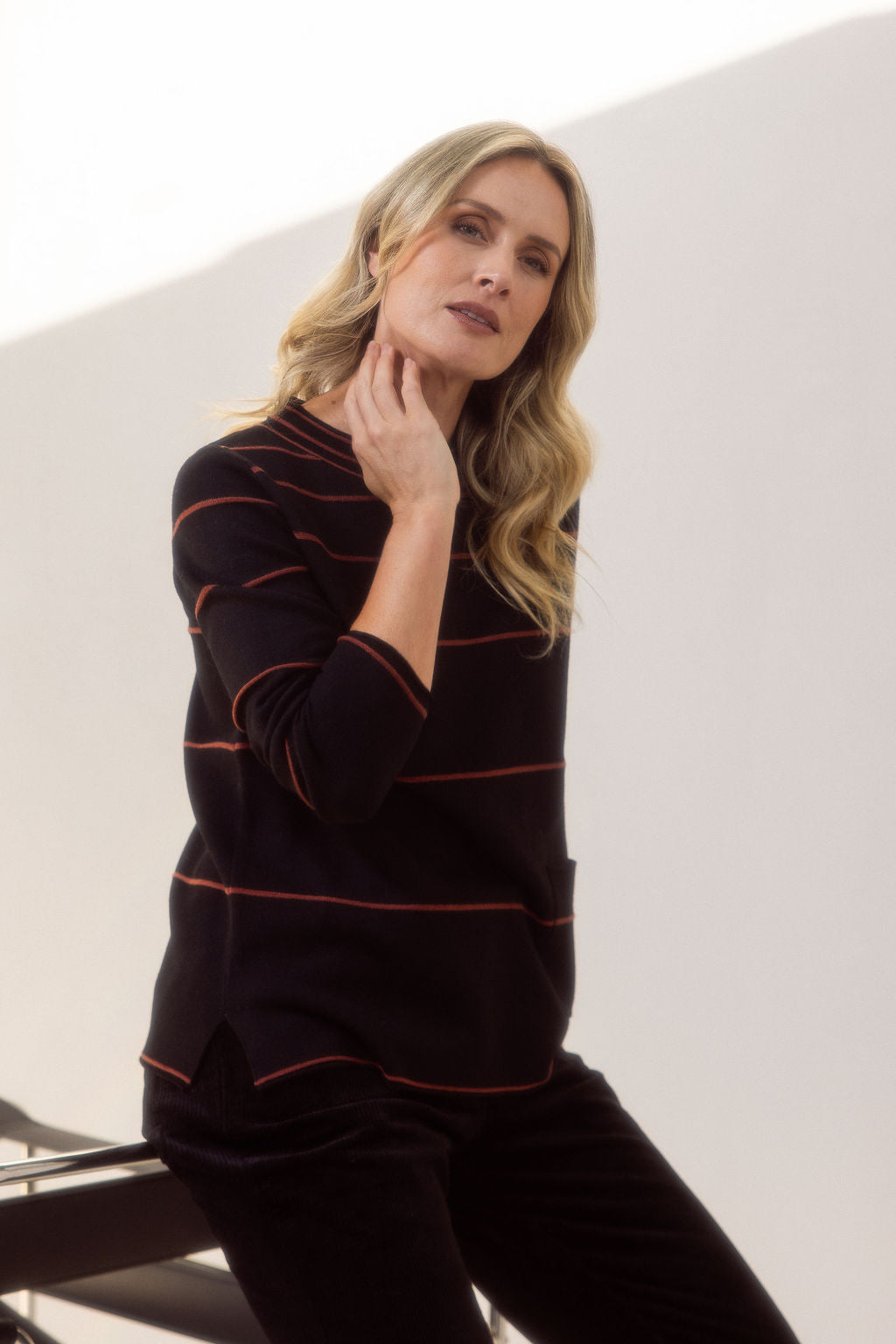 See Saw Stripe 1 Pocket Sweater - Black/Nutmeg