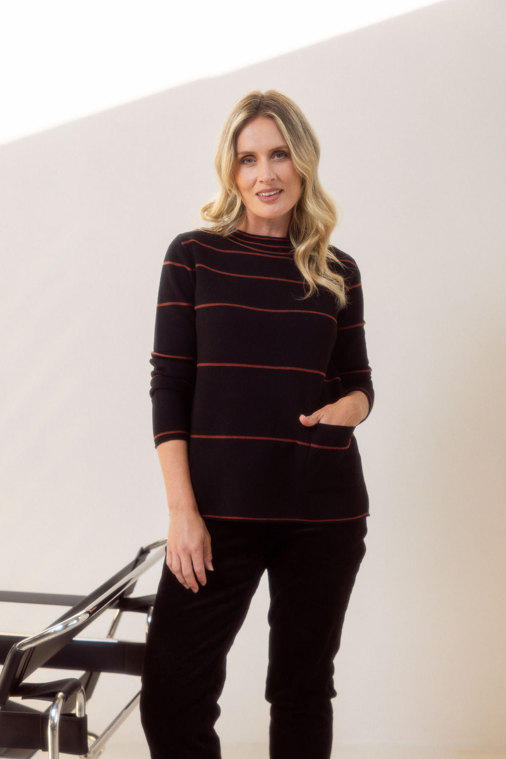 See Saw Stripe 1 Pocket Sweater - Black/Nutmeg